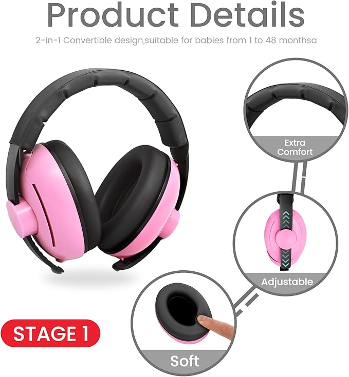 2-in-1 Adjustable Baby & Toddler Noise Cancelling Headphones - Ear Muffs for Kids 1-3 for Airplane Travel