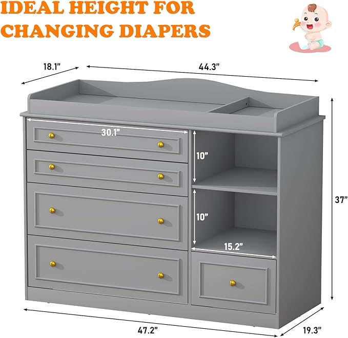 St.Mandyu Grey Changing Table Dresser, Baby Nursery Dresser, Baby Diaper Changing Table, 5 Drawers, Adjustable Shelves, Metal Handle, Curved Wrapping Design, Grey