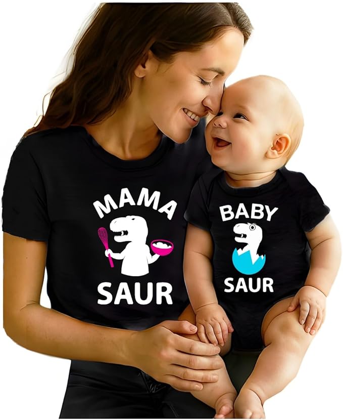 Tstars Mama and Baby Saur Matching Outfit Set - Mom Shirt and Bodysuit Gift for Baby Shower or Mother's Day