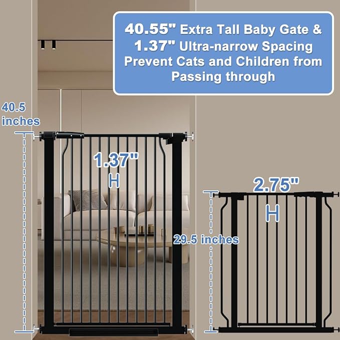 40.55" Extra Tall Baby Gate for Stairs-71.3"-76.7" Wide 1.37" Ultra Narrow Spacing Extra Wide Pet Cat Gate Dog Gate-Auto-Close Pressure Mounted Dog Door for Pets and Kids,Black