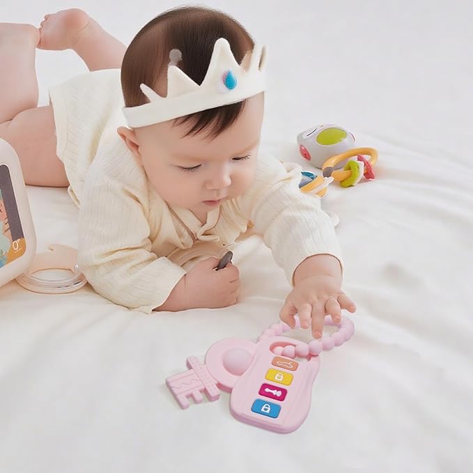 Silicone Baby Ring Toy with Two Teethers,Must Haves Teething Relief Chew Toys for 0-6,6-12 Months Boys and Girls,Newborns Essentials,Safe and Soft,BPA Free. (Keys)