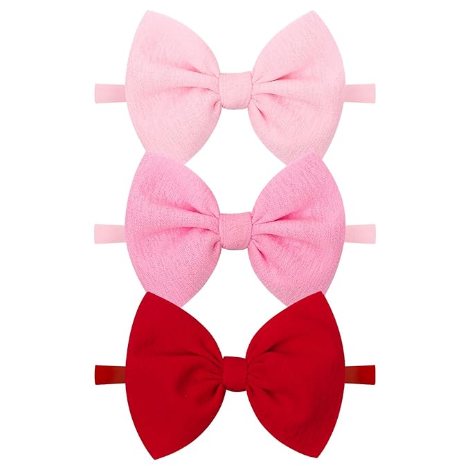YanJie Baby Hair Bows for Girls Red Pink Newborn Headband Baby Pink Girls Bows Soft Nylon Hair Accessories Infant Toddler 3pcs/pack
