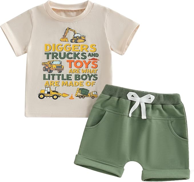 Toddler Baby Boy Clothes Summer Short Sleeve Trucks Tractors Print T-Shirt Tops Solid Color Shorts Set Casual Outfit