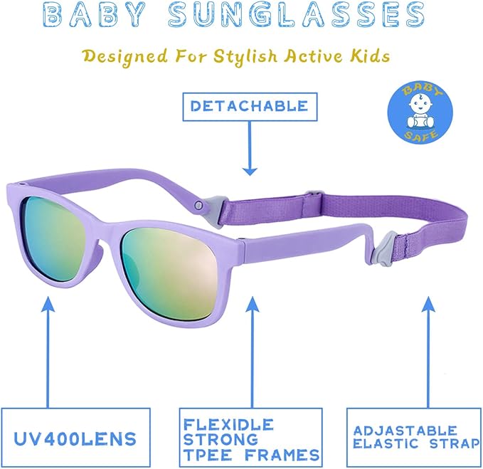 MAXJULI Baby Infant Sunglasses Safe, Soft, With Adjustable Strap 0-24 Months BPA Free 7002