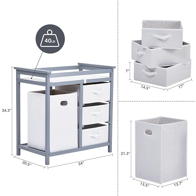 Wooden Baby Changing Table, Modern Diaper Changing Table, Infant Diaper Changing Station Dresser with Laundry Hamper, 3 Drawer Basket and Changing Pad