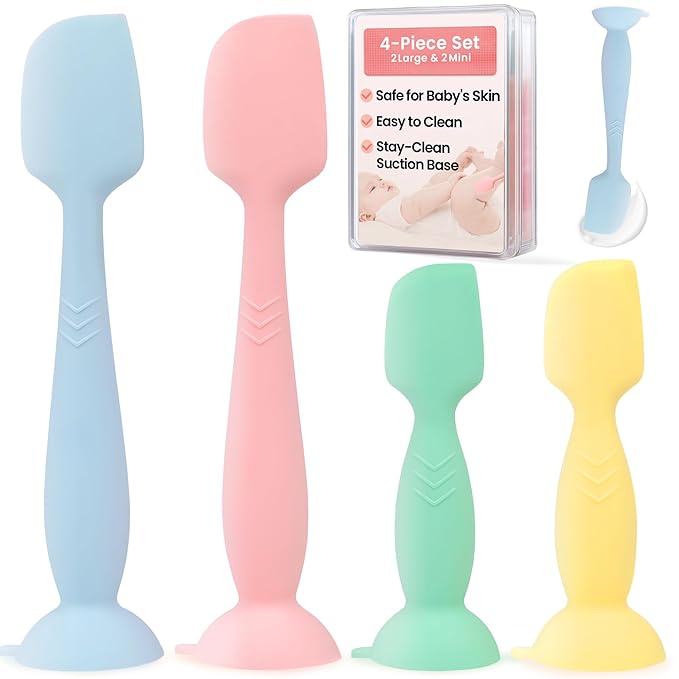 Upgraded 4-Pack Silicone Diaper Cream Spatula with Travel Case - Soft Full-Size & Mini Applicators for Rash Ointment, Diaper Care & Everyday Care, Ideal for Newborn Essentials and Baby Shower Gifts