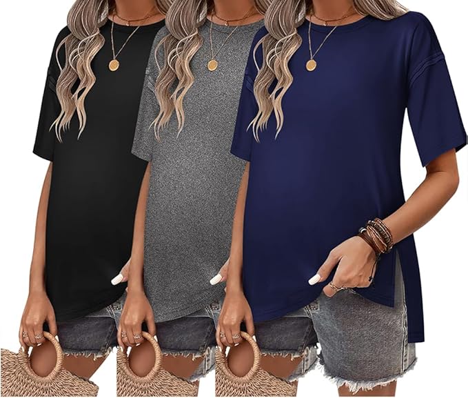 Ekouaer Maternity Shirts 3 Packs Short Sleeve Womens Oversized Pregnancy Tops Split Side Postpartum Blouse Clothes S-XXL