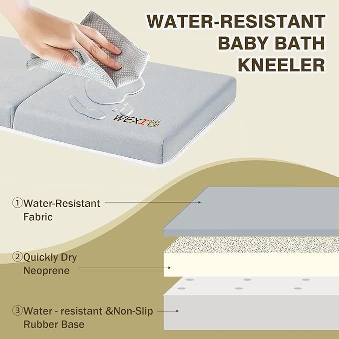 Water-Resistant Baby Bath Kneeler and Elbow Rest Pad Set, Soft Bathtub Kneeling Pad for Bathing Baby with Toys Pocket, Tub Knee Cushion Mat for First Time Mom Newborn Bath Time Essentials, Grey
