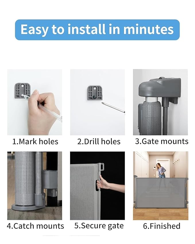 Retractable Baby Gate for Doorways and Stairs, Mesh Safety Gate for Pet, Indoor & Outdoor Use, One-Hand Operation, Easy Installation, 33.6" Tall, Expands to 55" Wide（Grey,33.6"x55")