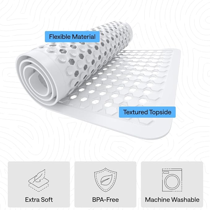 GORILLA GRIP Patented Bath Tub Shower Mat, 2 Pack, Machine Washable Bathtub Floor Liner Mats, Suction Cups and Drain Holes to Keep Tubs Clean, Soft on Feet, Bathroom Essentials, 35x16 Inch, White