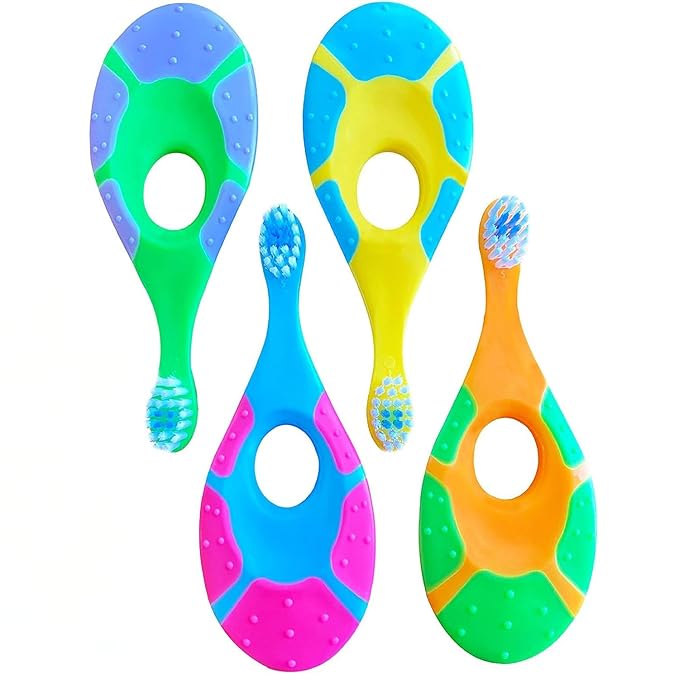 Baby Toothbrush 12 months and up - Toddler Toothbrush - Soft Bristles - Child Sized Brush Heads - infant toothbrush - Kids Tooth Brush - Easy Storage - Unisex Girl & Boy Set (4-Pack, Multi-Color)