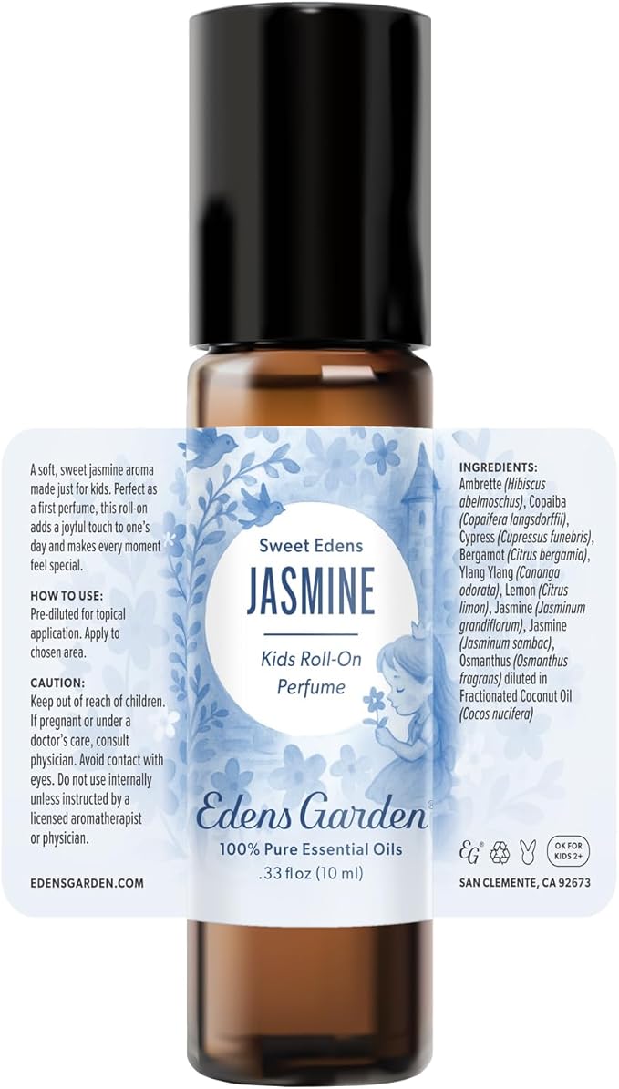 Edens Garden Jasmine Kids Roll-On Perfume – Pre-Diluted Essential Oil Floral Blend, Natural Aromatherapy, Skin Safe Gift for Girls, 10 ml (.33 fl oz)