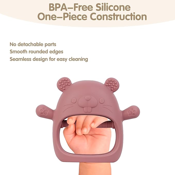 Silicone Baby Teether for 3–12 Months, BPA-Free Easy Grip Teething Toy for Infants, Soft Sensory Chew Toy, One-Piece Dishwasher Safe Design(Groundhog Dark Pink)