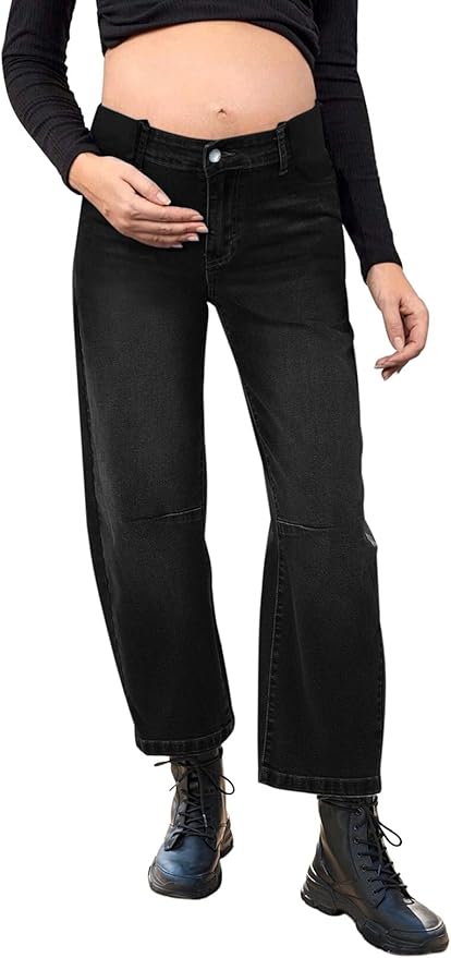 BLENCOT Women's Maternity Jeans Elastic Hight Waist Stretch Barrel Jeans Wide Leg Side Panel Pregnancy Denim Pants