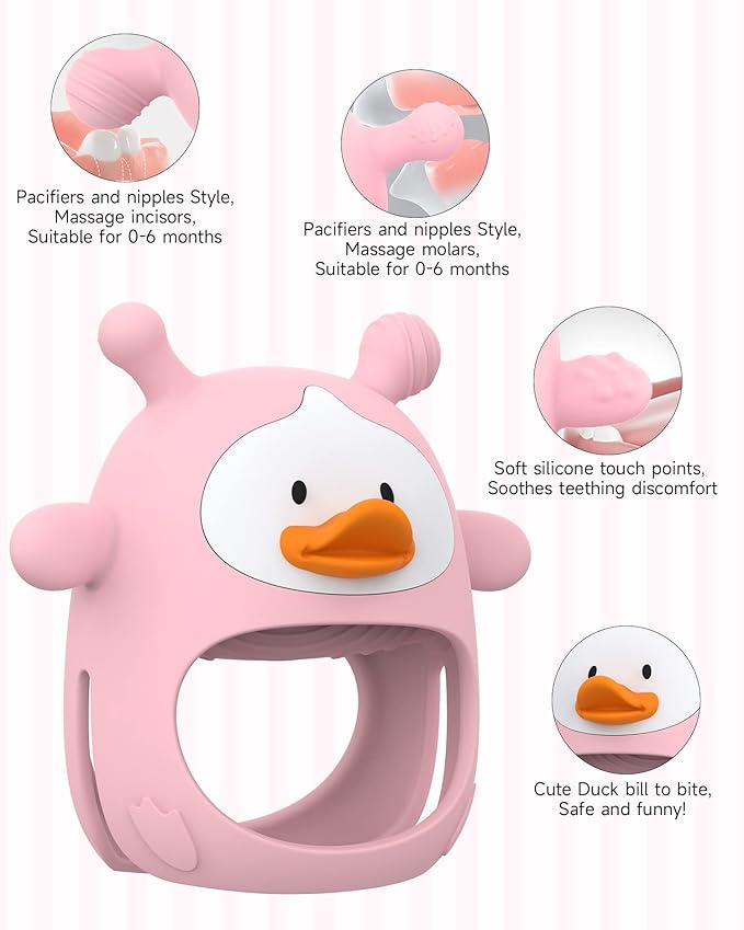 Never Drop Silicone Baby Teether, Hand Pacifier for Sucking Babies 0-6 Months, Soothing Pain Relief, Best Chew Toy for Teething, Mitten for New Born - Pink