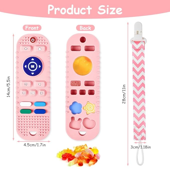 Silicone Baby Teething Toys, Remote Control Shape Teethers Toys with Teething Tubes and Pacifier Clip, Baby Teething Toys for 3 Months+, Remote Teething Toy BPA Free/Freezable/Dishwasher Safe(Pink)