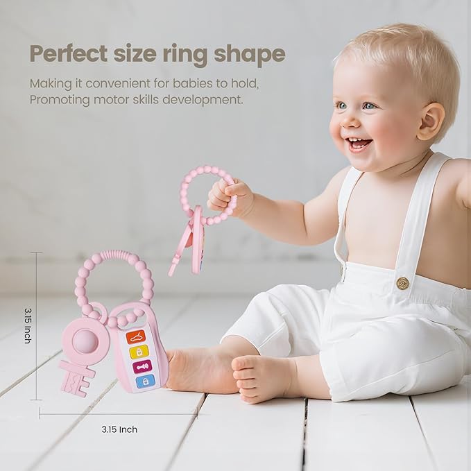Silicone Baby Ring Toy with Two Teethers,Must Haves Teething Relief Chew Toys for 0-6,6-12 Months Boys and Girls,Newborns Essentials,Safe and Soft,BPA Free. (Keys)