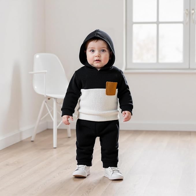 Toddler Baby Boy Hoodies Fall Clothes Waffle Contrast Color Sweatshirt Pant Set Infant Clothes 6 12 18 Months 2T 3T