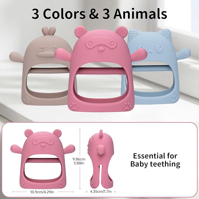 3 Pack Baby Teething Toy, Food Grade Silicone Baby Teething Mittens, Anti Drop Wrist Hand Teether Toys for 0-6 6-12 Months, Infant Chew Toys for Sucking Needs, BPA Free (Morandi)