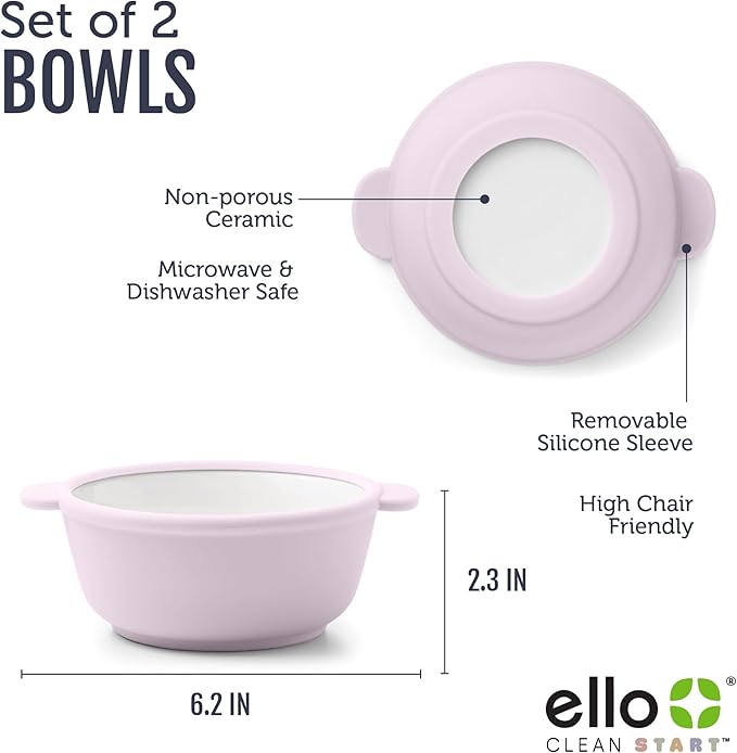 Ello Clean Start Toddler Bowls 2 Pack | Ceramic Kids/Baby Bowls with Silicone Sleeves | BPA-Free, Plastic-Free | Microwave & Dishwasher Safe | High Chair Friendly, Stackable | Dewdrop/Sugarplum