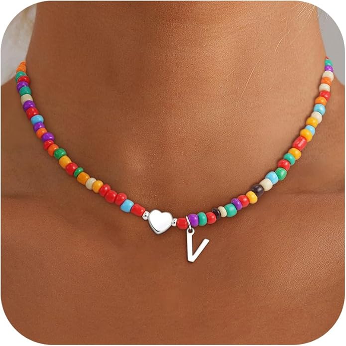 Valentines Day Gifts for Kids Women Girls - Colorful Beaded Initial Necklace Teen Girls Trendy Stuff Dainty Letter Choker Necklace Valentines Day Gifts for Her Mom Wife Jewelry
