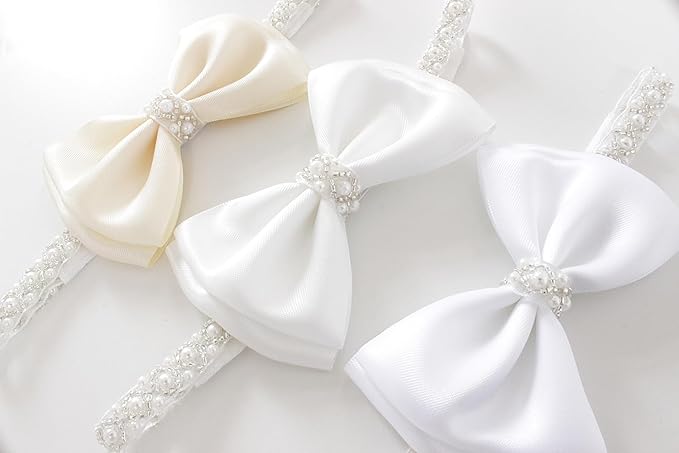 0-12 Newborn Baby Baptism Pearl Headband or Clip with Bow in WHITE Christening Headband with Satin Bow, Pearl Rhinestone Band (Cream(3-6Months), 1 Count (Pack of 1))