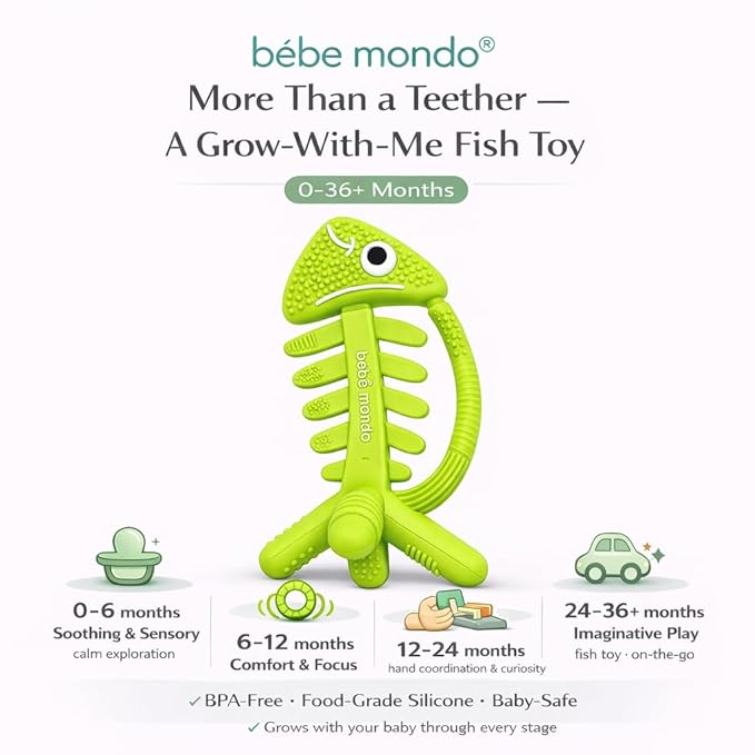 3 in 1 Infant Toys, Baby Teething Toys 3–6 6–12 Months, Teethers for Babies 0–3–6–12 Months for Teething Relief, Baby Gift, Baby Teether Toys, Silicone Sensory Toys, USA Patent Pending, Fish (Green)