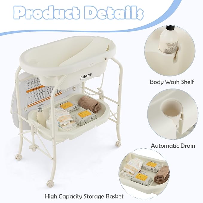 INFANS 2 in 1 Baby Changing Table with Bath Tub Unit, Folding Diaper Dresser Station with Wheels Waterproof Pad Storage Rack, Portable Nursery Organizer Stand for Newborn Infant (White)