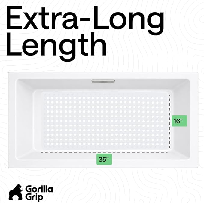 GORILLA GRIP Patented Bath Tub Shower Mat, 2 Pack, Machine Washable Bathtub Floor Liner Mats, Suction Cups and Drain Holes to Keep Tubs Clean, Soft on Feet, Bathroom Essentials, 35x16 Inch, White