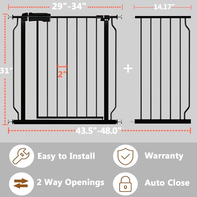 Fairy Baby Walk Through Baby Gate 43.5-48 Inch Wide for Stairs, Pressure Mounted Safety Gate with Door No Drill, Black Tension Metal Gate for Dog and Toddler