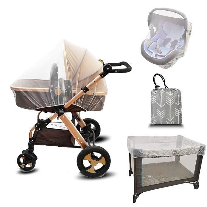 Baby Mosquito Net for Stroller with Storage Bag, Stroller Netting Mosquito with Organizer for Cribs, Infant car seat Insect mesh net, Easy Installation,Black Pink White (White)