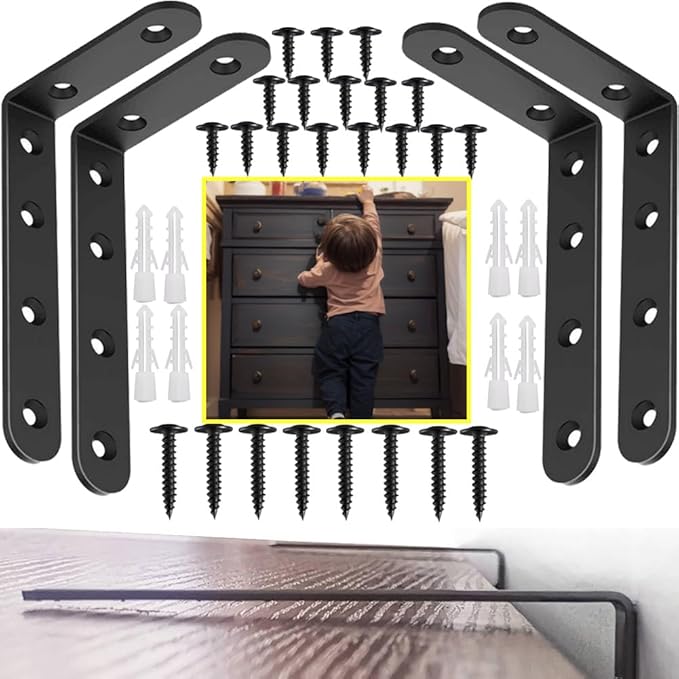 Furniture Anchors Small Aesthetic Earthquake Straps for Furniture Dresser Wall Anti-Tip Furniture Safety Anchor to Childproof and Babyproof Your Home Holds Up to 500 Pound (Black, 4.8 in)