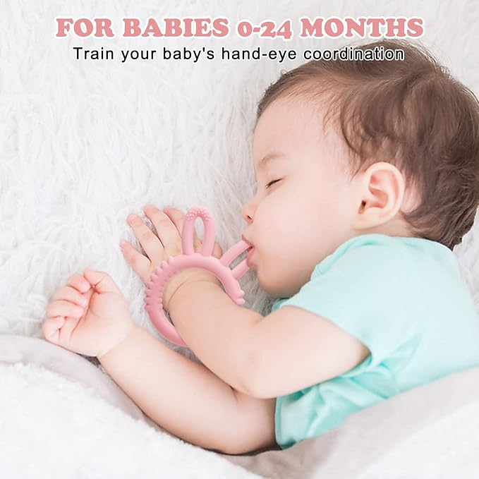 Silicone Babies Teethers Baby Teething Toys for Soothe Massage Sore Gums for 3-12 Months Infants, BPA Free, Easter Gifts for Boys and Girls, Ring Shape Rabbit Ear Design (Pink)