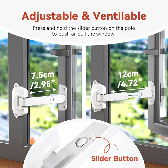 EUDEMON 2 Pack Updated Baby Window Safety Lock, Childproof Window Restrictor for UPVC, Adjustable Winodw Guard for Wooden, Metal Frames (White)