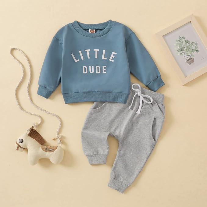 Toddler Baby Boy Clothes Solid Color Long Sleeve Crewneck Sweatshirt Top Casual Pants Set 2Pcs Fall Winter Outfits