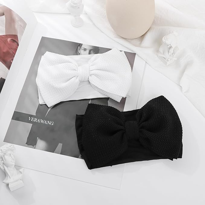 YanJie Baby Girl Bow Headbands - Black, White Nylon Hair Bows for Infants and Toddlers 0-6 Months