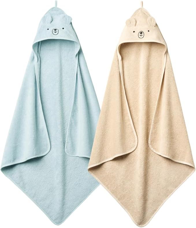 Baby Hooded Towel – Organic Cotton Baby Bath Towels, 32" x 32" Super-Soft and Absorbent Baby Towels for Newborn 2-Pack (Bear Fog/Baby Blue)