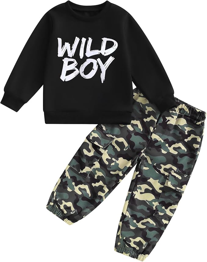 wdehow Toddler Kids Baby Boy Fall Outfits 1T 2T 3T 4T 5T Letter Print Long Sleeve Tops Camouflage Pants Winter Clothes Sets