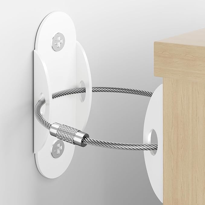 Furniture Anchors 10-Pack, Anti Tip Furniture Anchors for Baby Proofing, Extra-Strong Metal Wall Anchor Straps with Steel Cable to Secure Dresser, Bookcase, Wardrobe & Cabinet, White