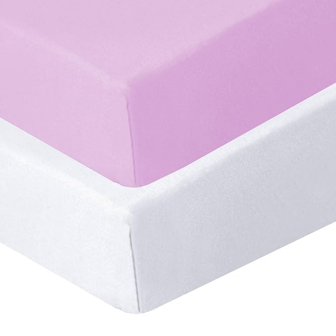 Biloban Pack and Play Sheets Fitted, 2 Pack Pack and Play Sheet Fits for Graco Pack n Play Mattress, Neutral Playard Sheets for Baby Boys and Girl, White & Violet