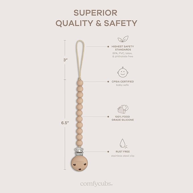 Comfy Cubs Pacifier Clips 2 Pack - 100% Food Grade Silicone Baby Pacifier Clips, BPA & PVC Free - CPSIA Certified, Lightweight and Flexible Baby Gifts - Beige