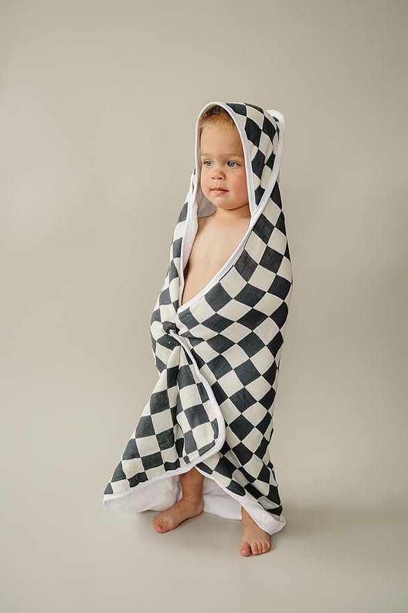 Mebie Baby Muslin Hooded Towel, Charcoal Checkered, Cute Hooded Baby Bath Towel for Newborn, Infant & Toddler, Modern Baby Towels and Washcloths for Boy & Girl, Floral & Pattern Hooded Baby Towels