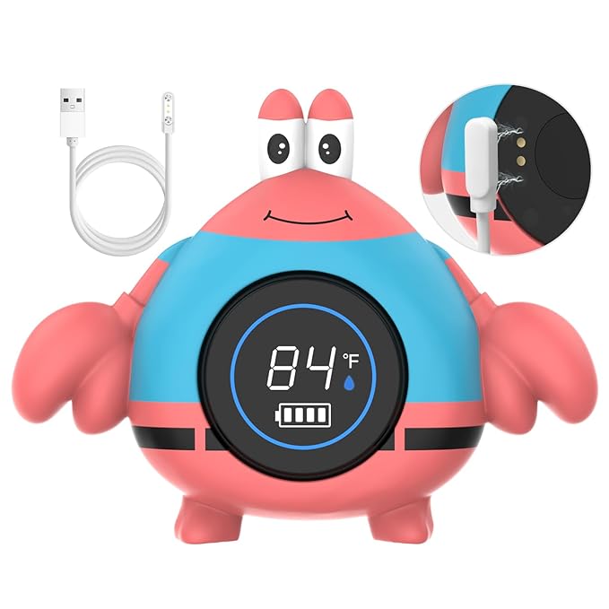 BabyElf Rechargeable Baby Bath Thermometer – Floating Crab Water Temperature Thermometer for Baby Bath, Automatic Sensing, Hot & Cold Alert, Waterproof Bathtub Thermometer for Newborns