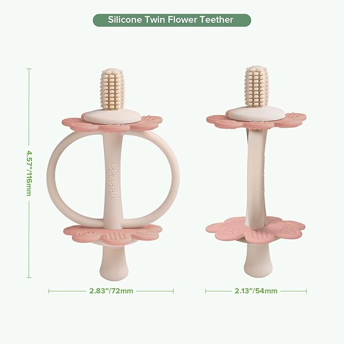 haakaa Silicone Twin Flower Teether,Nipple-Shaped End for Gum Massage,360° Baby Toothbrush Head for Self-Brushing Training,Easy to Grip - Soft Pink