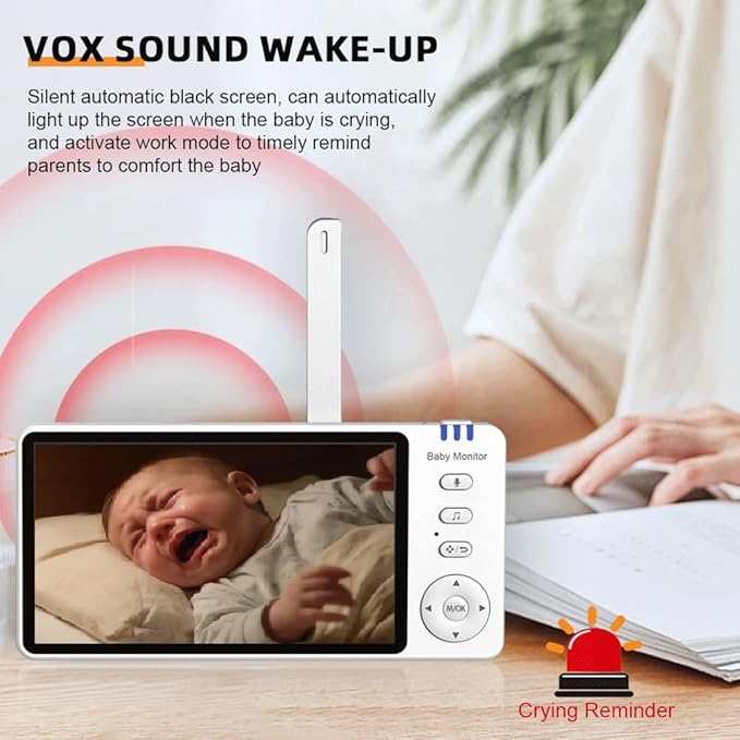 5" Video Baby Monitor with Camera and Audio, 720P HD Wireless No WiFi No App, 2-Way Talk,Voice Motion Detection, 8 Lullabies, 1000ft Long Range, Night Vision, Temperature & Feeding Alarm, 355° PTZ
