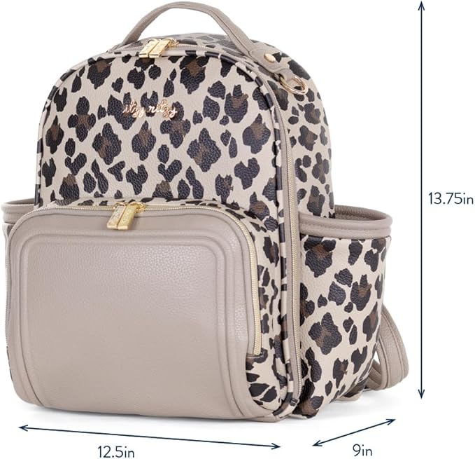 Itzy Ritzy Mini Diaper Bag Backpack – Chic, Compact Mini Plus Backpack with Changing Pad, 10 Pockets (6 Internal, 4 External), Grab-Top Handle & Rubber Feet (Leopard)