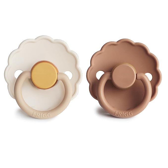 FRIGG Daisy Natural Rubber Baby Pacifier | Made in Denmark | BPA-Free (Chamomile/Peach Bronze, 6-18 Months) 2-Pack