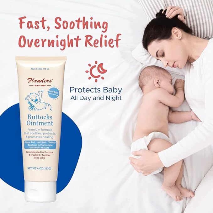 Flanders Buttocks Ointment - Diaper Rash Cream for Treatment & Prevention, Pharmacist Developed, Heat Rash & Chafing in Infants to Adults, Instant Relief (2 Pack of 4oz Tubes)