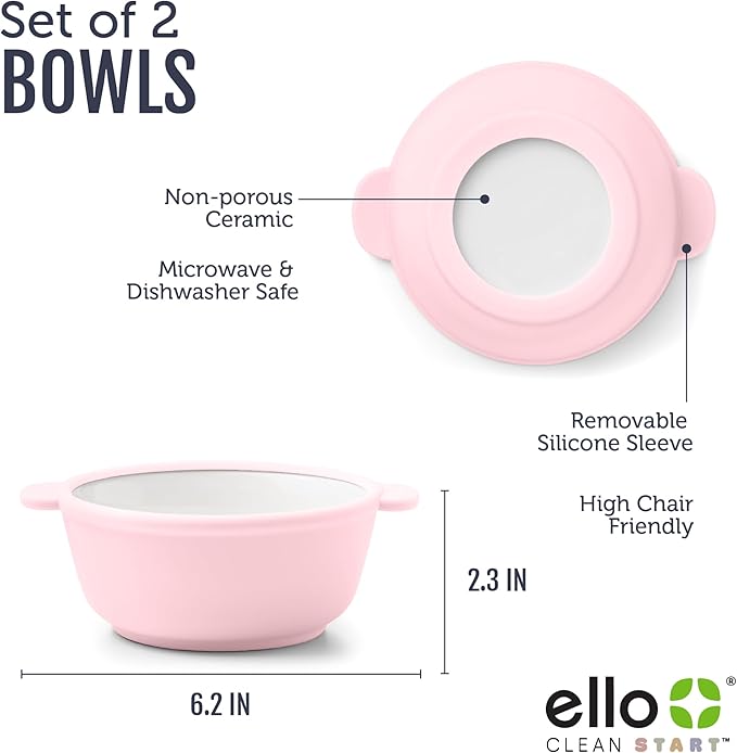 Ello Clean Start Toddler Bowls 2 Pack | Ceramic Kids/Baby Bowls with Silicone Sleeves | BPA-Free, Plastic-Free | Microwave & Dishwasher Safe | High Chair Friendly, Stackable | Cashmere Pink/Dune