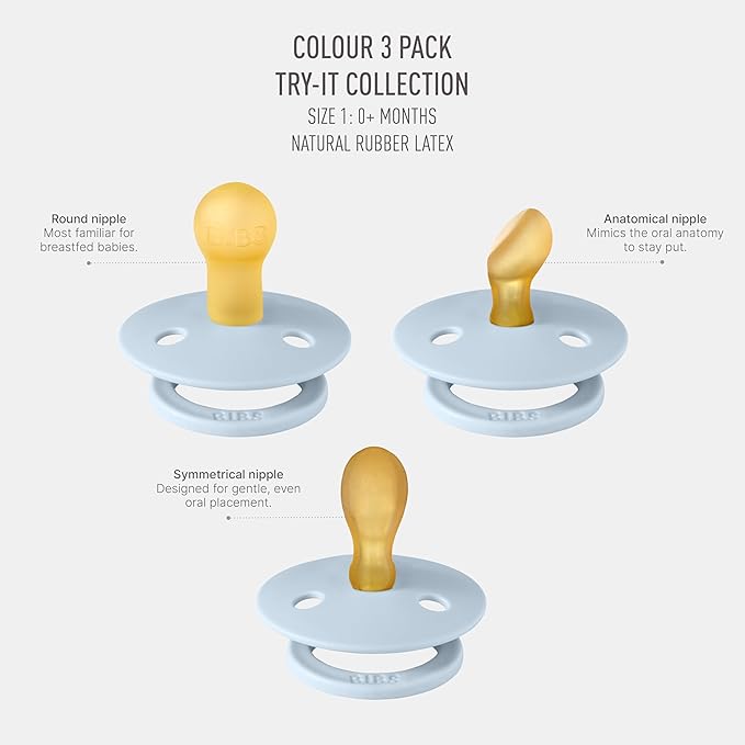 BIBS Pacifiers 0-6 Months | 3-Pack Soothers | BPA-Free Symmetrical Nipple | Made in Denmark | Ivory Try-It Collection (Baby Blue)